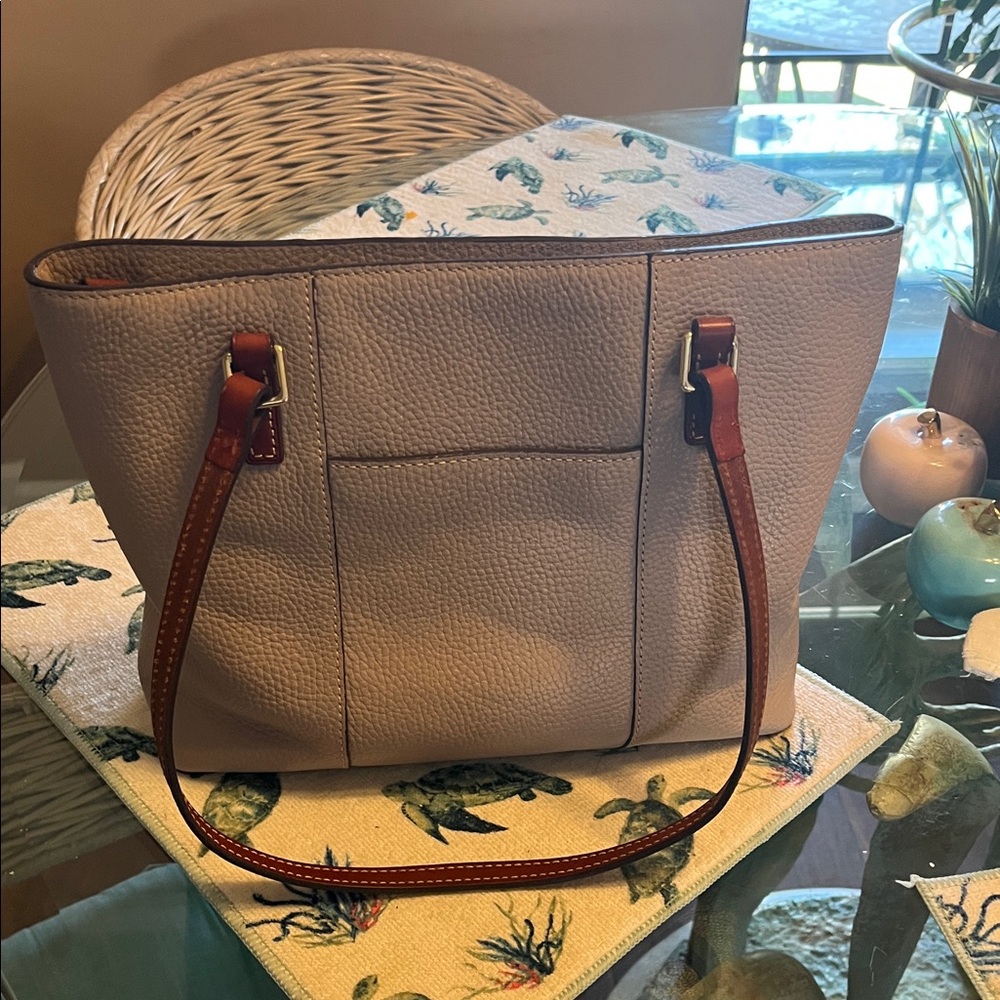 Dooney & Bourke Taupe Pebbled Leather Tote with Brown Straps - Picture 3 of 9